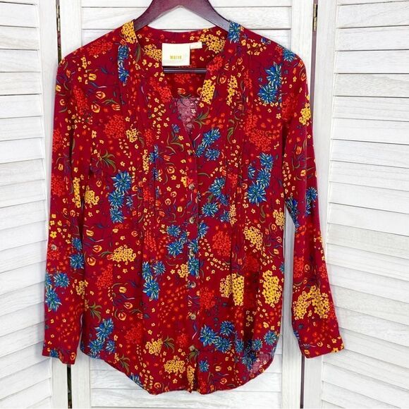 Maeve by Anthropologie Floral Pintuck Pleat Shirt Red XS - Picture 10 of 16